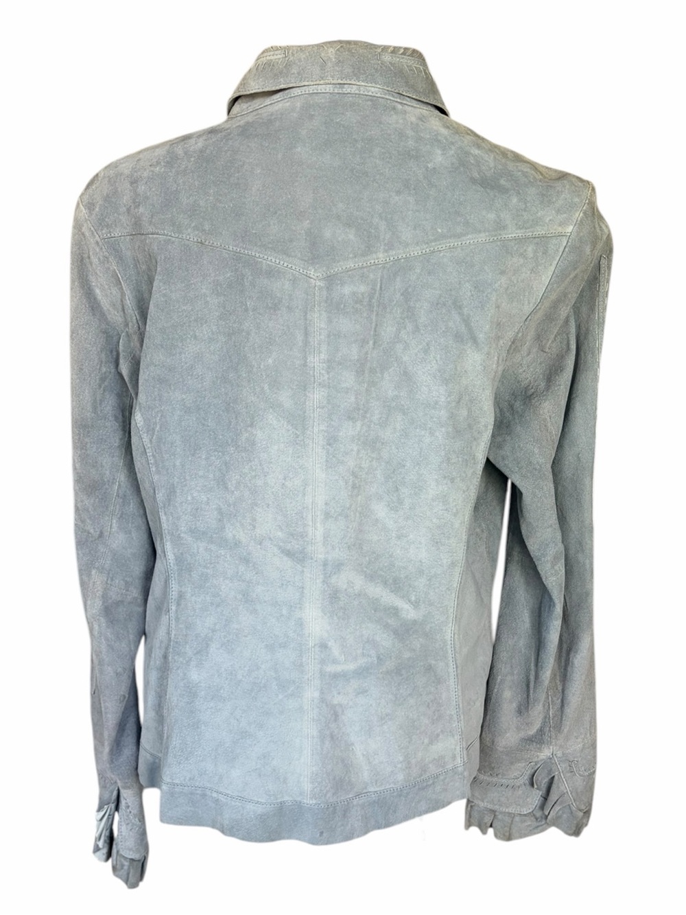 Light Blue Gray Suede Button-Front Jacket with Ruffle Trim - Picture 2 of 7